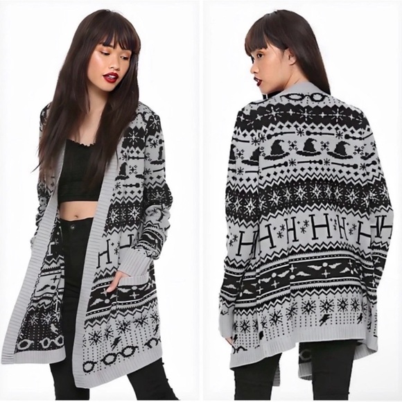 HARRY POTTER Gray Black Fair Isle Cardigan Sweater XL Knit Hot Topic - Holiday - Picture 1 of 5